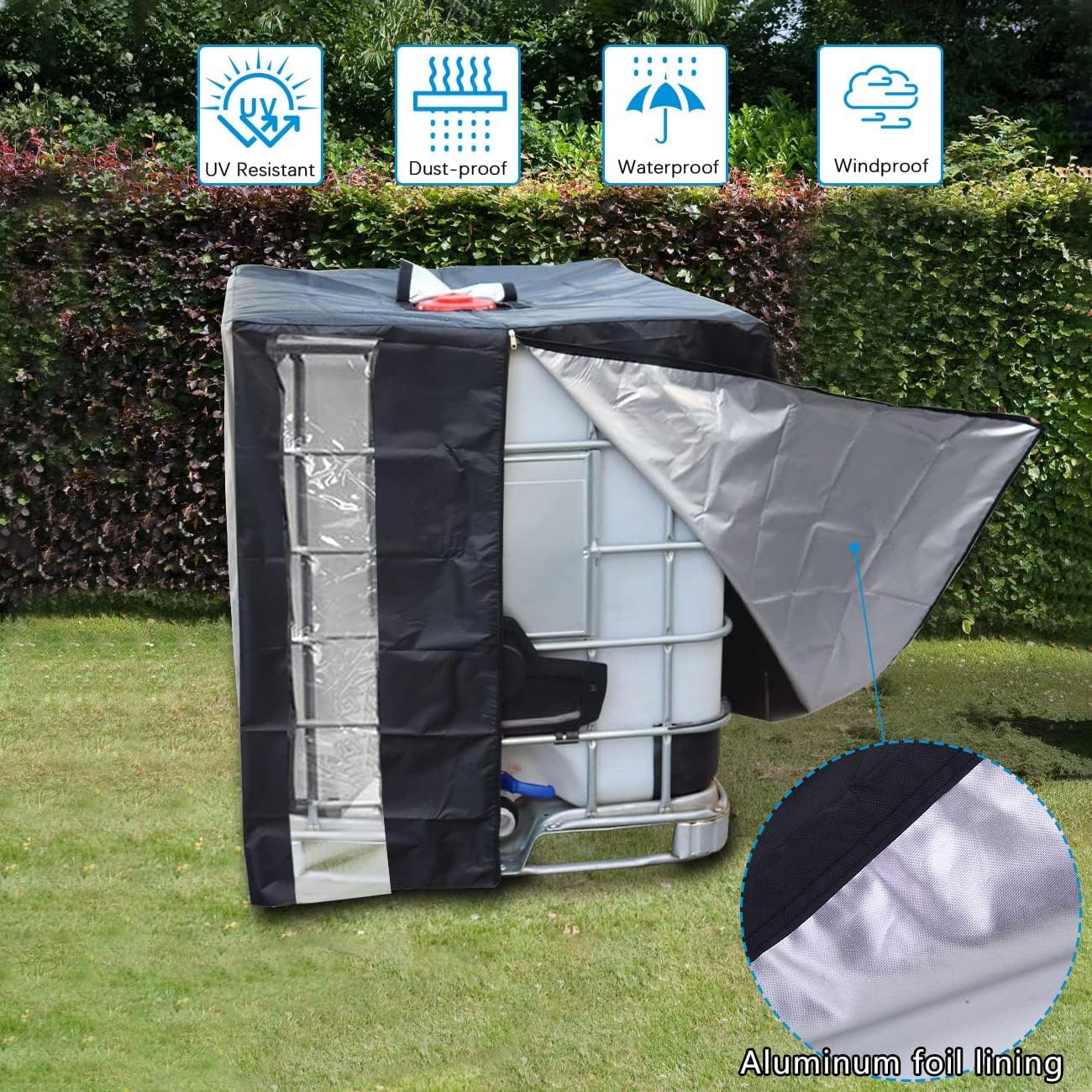 IBC Bâche Réservoir d'eau, IBC Bache Cuve 420D Avec zip et cordon de serrage, 1000L Bâche Couverture Réservoir |Anti-poussière Anti-UV Anti-Pluie 120 x 100 x 116 cm Noir