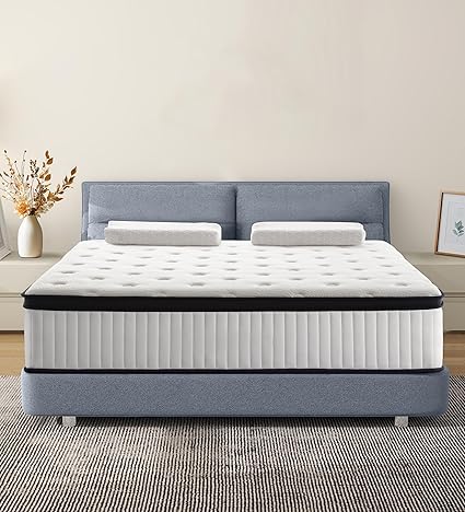 14 Inch Queen Mattress in a Box, Memory Foam with Individual Pocket Spring Hybrid, for Pressure Relief & Motion Isolation, Black & White Medium Firm Colchon, Fast Rebound.