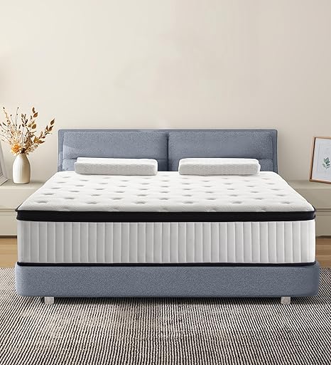 14 Inch Queen Mattress in a Box, Memory Foam with Individual Pocket Spring Hybrid, for Pressure Relief & Motion Isolation, Black & White Medium Firm Colchon, Fast Rebound.