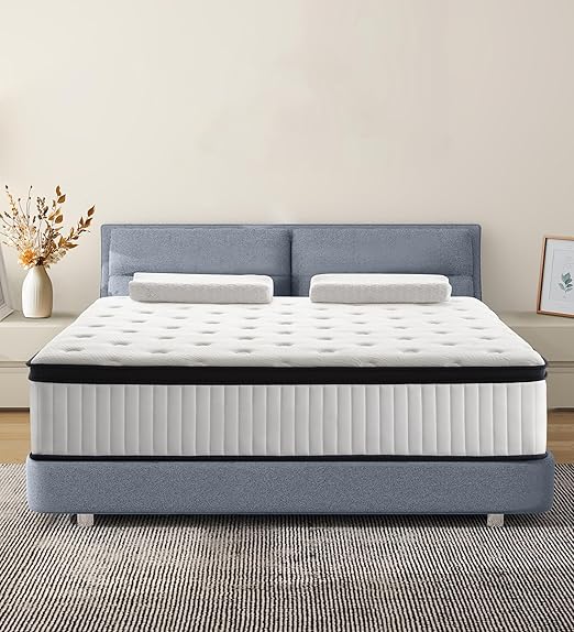 14 Inch Queen Mattress in a Box, Memory Foam with Individual Pocket Spring Hybrid, for Pressure Relief & Motion Isolation, Black & White Medium Firm Colchon, Fast Rebound.
