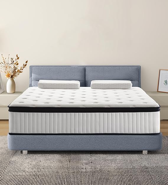 14 Inch Queen Mattress in a Box, Memory Foam with Individual Pocket Spring Hybrid, for Pressure Relief & Motion Isolation, Black & White Medium Firm Colchon, Fast Rebound.