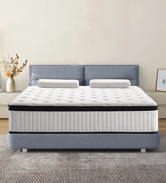 Konuzu 14 Inch Queen Mattress in a Box, Memory Foam with Individual Pocket Spring Hybrid, for Pressure Relief & Motion Isolation, Black & White Medium Firm Colchon, Fast Rebound.