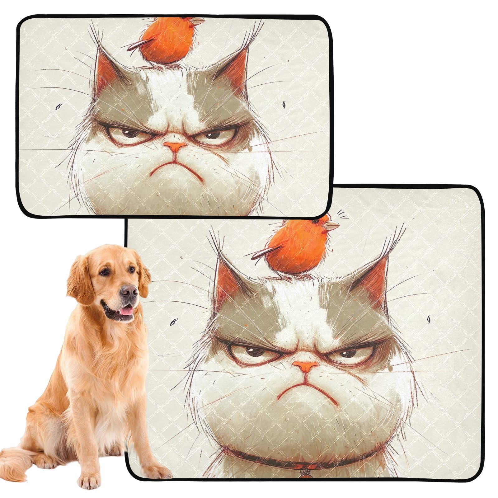 TSENQUE Pet Washable Dog Pee Pads Cute Grumpy Cat Cartoon Pet Pee Pad Extra Large Waterproof Mats Non Slip Absorbent Dogs Potty Pad, Small x 3 Pack