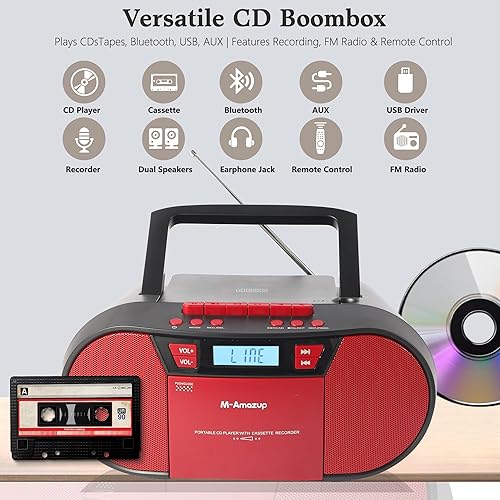 Miniatura 2 de Boombox - Reproductor de CD portátil, reproductor de cassette con CD MP3, Bluetooth, AUX TF, USB, radio FM, alimentación ACDC, caja de auge con