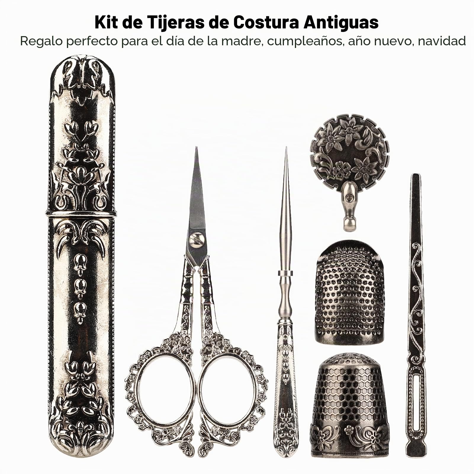 Kit De Herramientas De Costura Europeas, Tijeras De Bordar Vintage Y Estuche Con Dedal Y Botella De Aguja Para Coser Accesorios De Artesanía De Punto De Cruz(Plata)