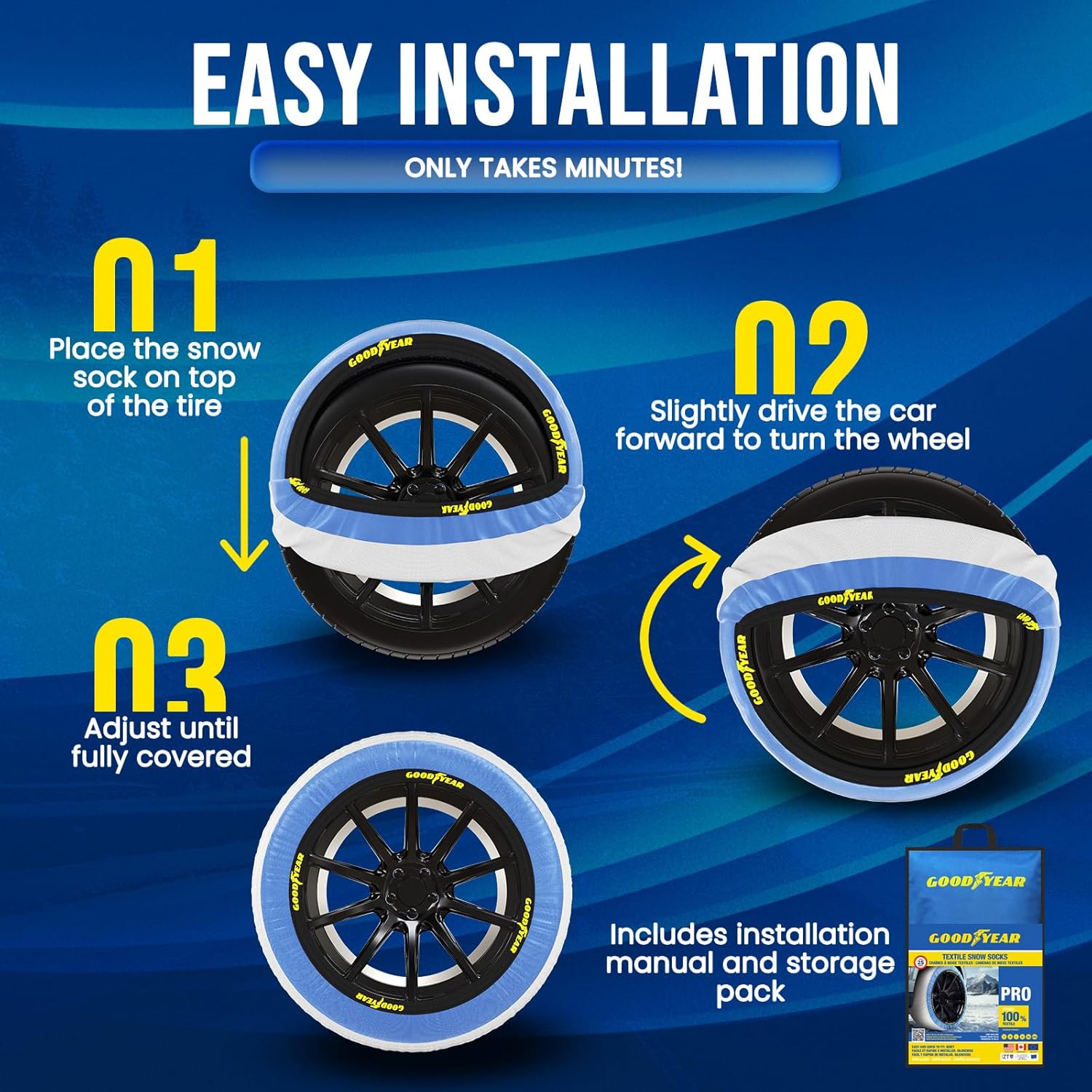Goodyear Pro Snow Socks for Tires. Designed for All Tire Brands. Textile Chain Replacement for Optimal Traction in Snow & Ice. Easy Install. Emergency Winter Safety Solution, Multi-Season Use.