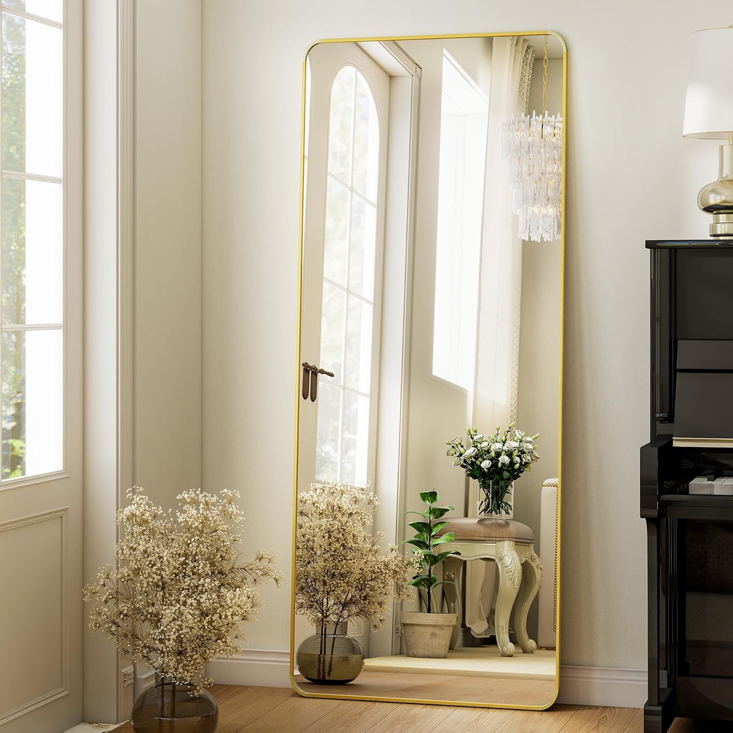 Black Full Length Mirror 21 x 56 Inch Nano Floor Mirrors with Stand Rounded Corner Full Body Mirrors with Aluminum Alloy Frame for Bedroom Living Room Checkroom