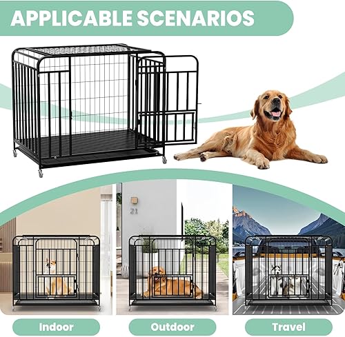 Miniatura 4 de Jaula resistente de 42 pulgadas con ruedas, perrera de acero indestructible con doble puerta, diseño a prueba de fugas para perros grandes, para uso