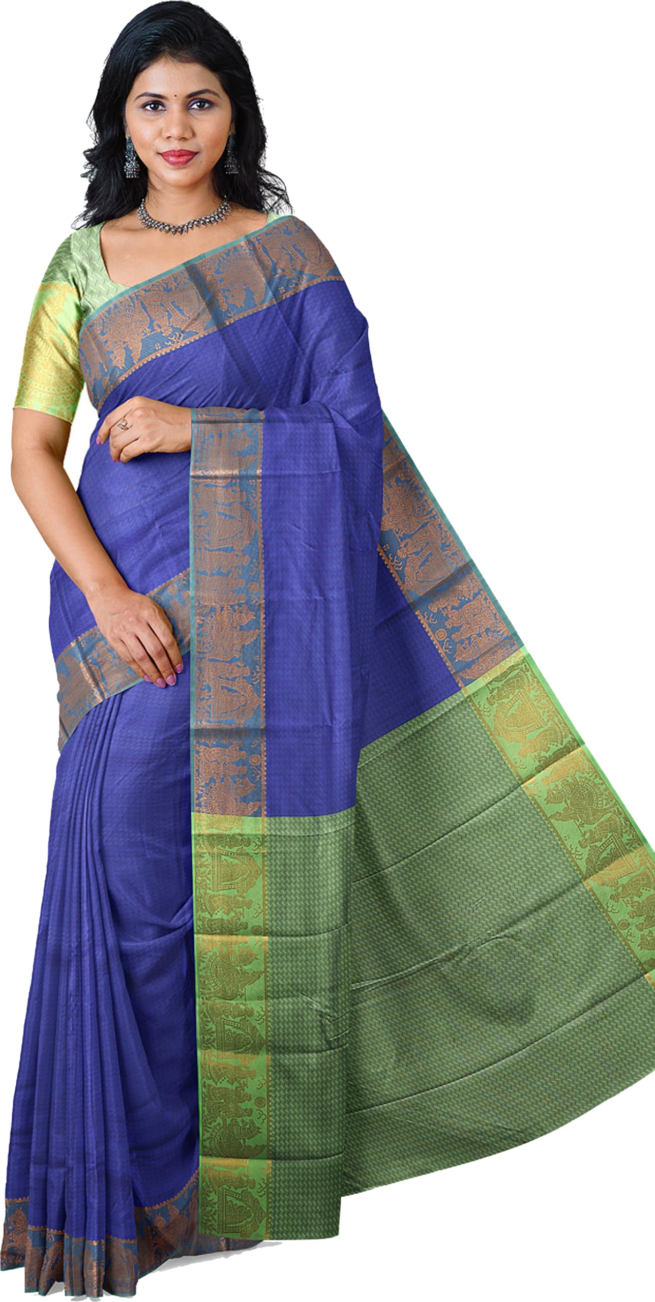 AGD JLS Mesmerizing Blue Kanjivaram Silk Saree- Contrast Blouse& Pallu in Green Color