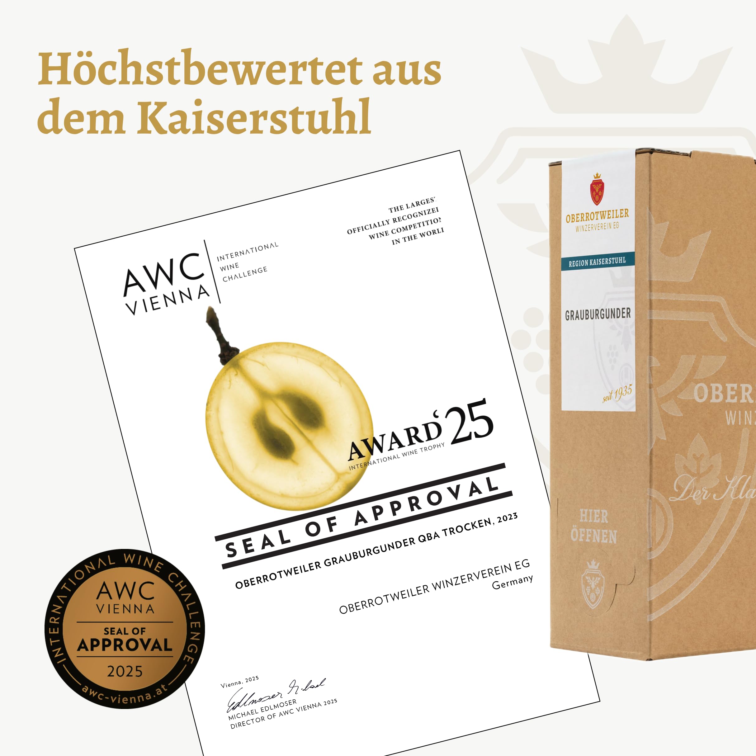 Oberrotweiler Grauburgunder Wein-Box 3 Liter QbA - SILBER 2026 AWC Vienna - zarte Fruchtaromen nach Pfirsich, Apfel und Zitrusfrüchten - Badischer Wein (2 x 3,0 l Bag-in-Box)