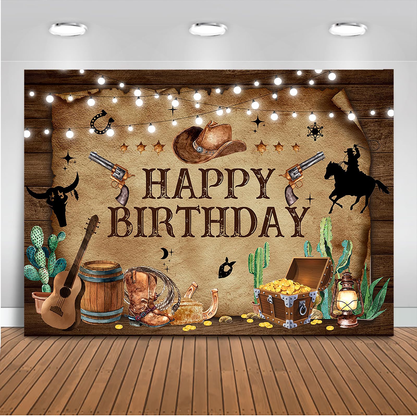 Mocsicka Western Cowboy Birthday Backdrops Wild West Rodeo Cowboy Birthday Decorations Rustic Wooden Background Photography Country Cowboy Party Banner Photo Booth Props (7x5ft)