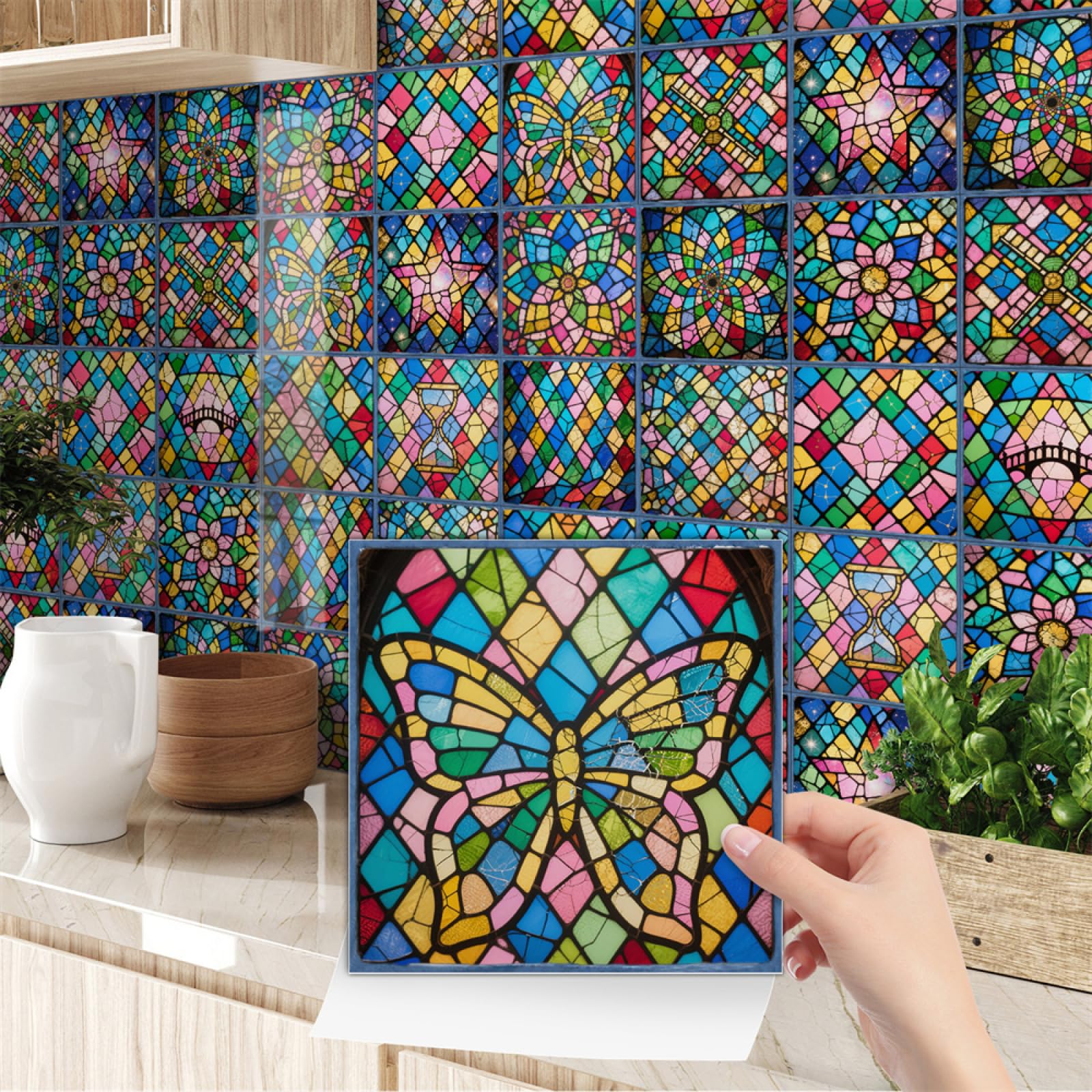Naklejki na płytki 15 x 15 cm kolorowe motyle naklejki na płytki transfery do łazienki kuchni, odklejania i ściany samoprzylepne winylowe wodoodporne olejoodporne dekoracja domu