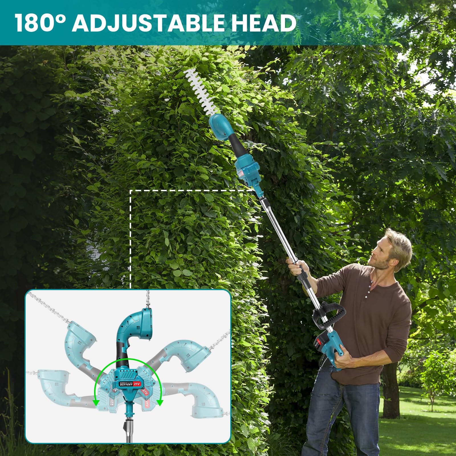Cortasetos Batería con Pértiga Telescópico 3 en 1 con 2 * 3000 mAh Baterías, Cortasetos Bateria Recargable, Longitud de Sierra 200 mm/99mm Cuchillas