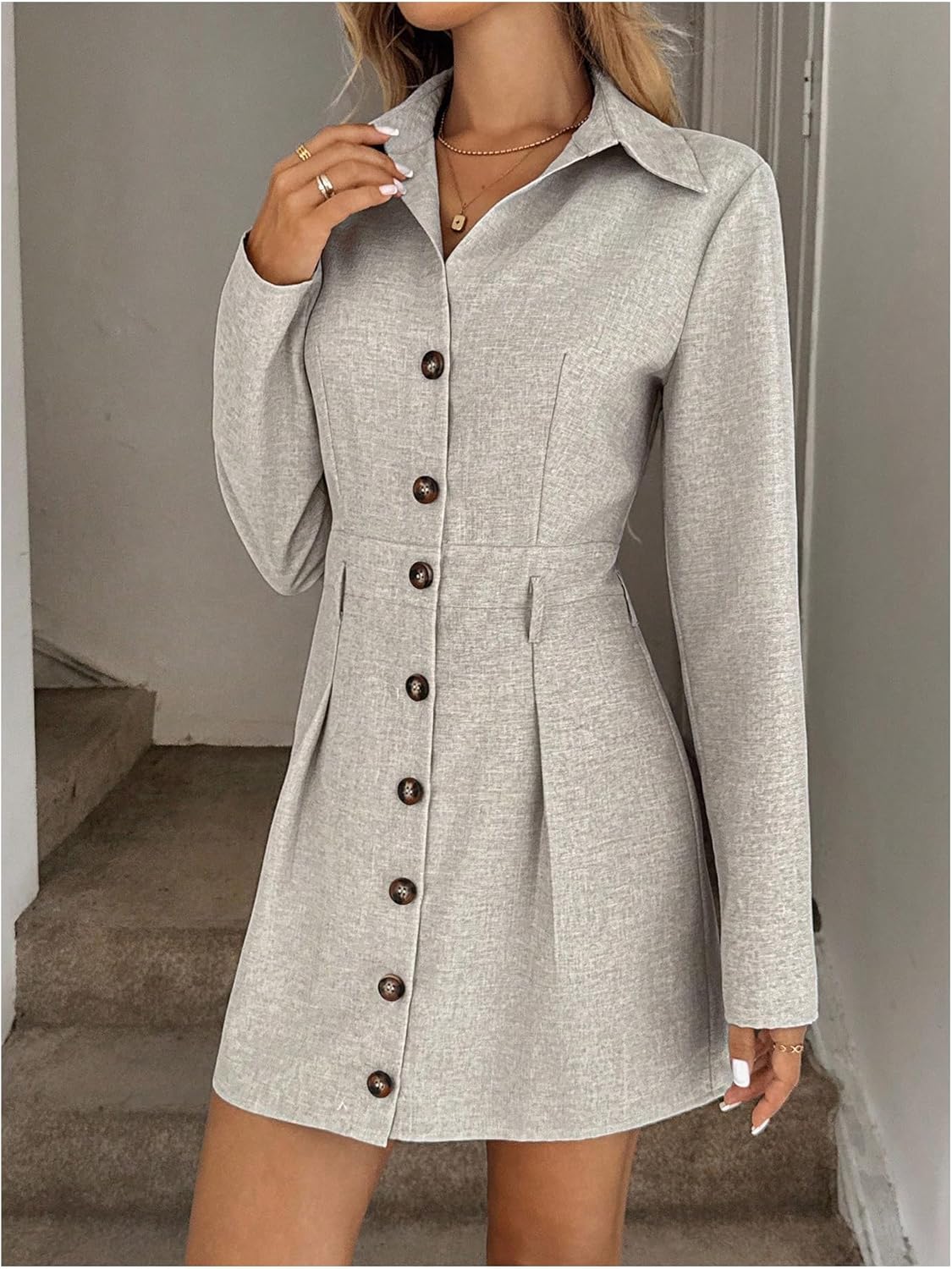 Women's Elegant Button Down Shirt Dress Fall Collared Long Sleeve Mini Business Casual Dresses - Image 4
