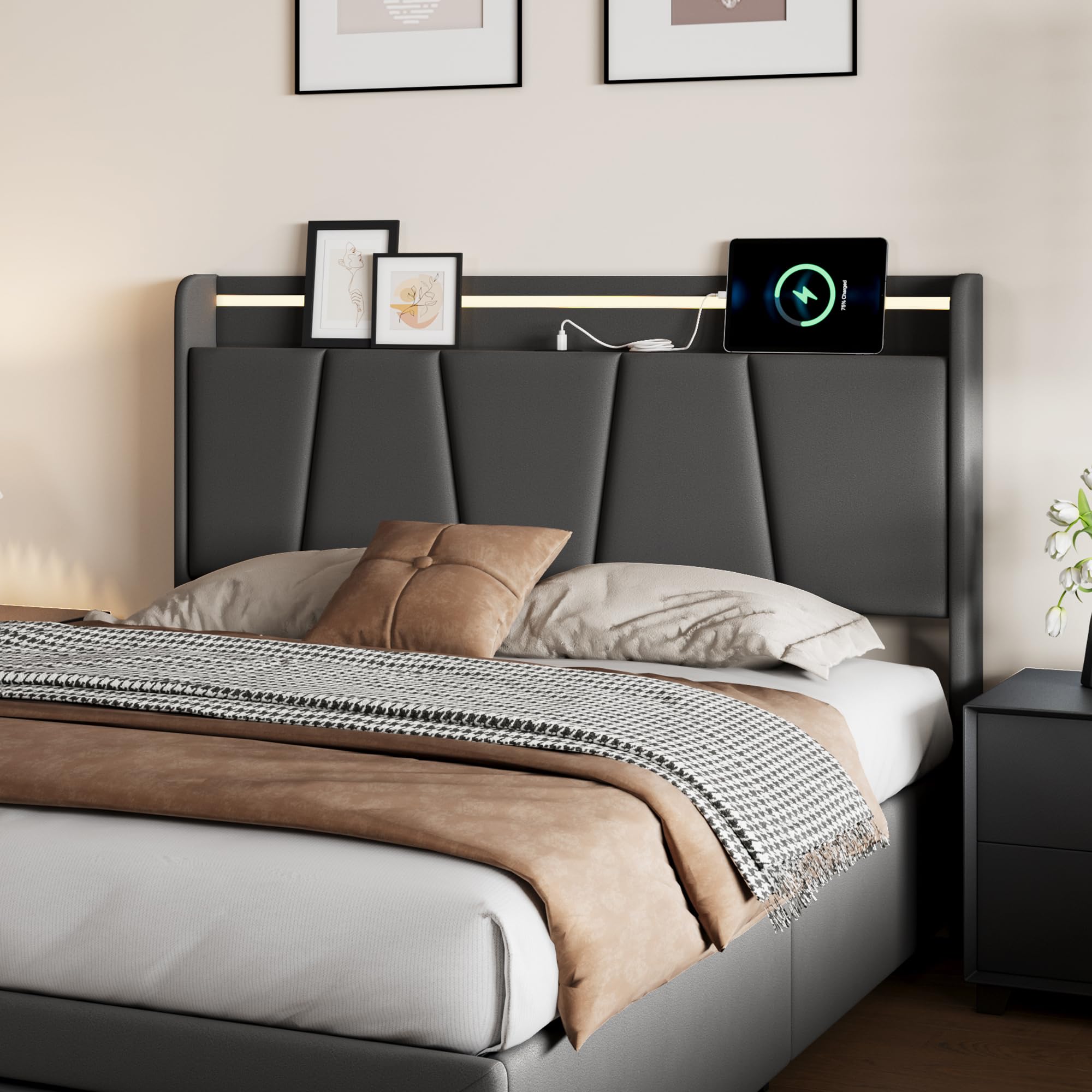 Letto imbottito 140 x 190 cm con rete a doghe, letto matrimoniale idraulico con funzione di ricarica USB e testiera, per bambini, senza materasso (lino + LED, 140 x 190 cm)