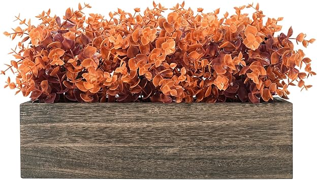 Velener 14" Artificial Eucalyptus Plants in Rustic Rectangular Wooden Planter Box, Fake Fall Plants for Farmhouse Faux Plants for Mantel/Kitchen/Bathroom/Coffee Table Decor-Orange