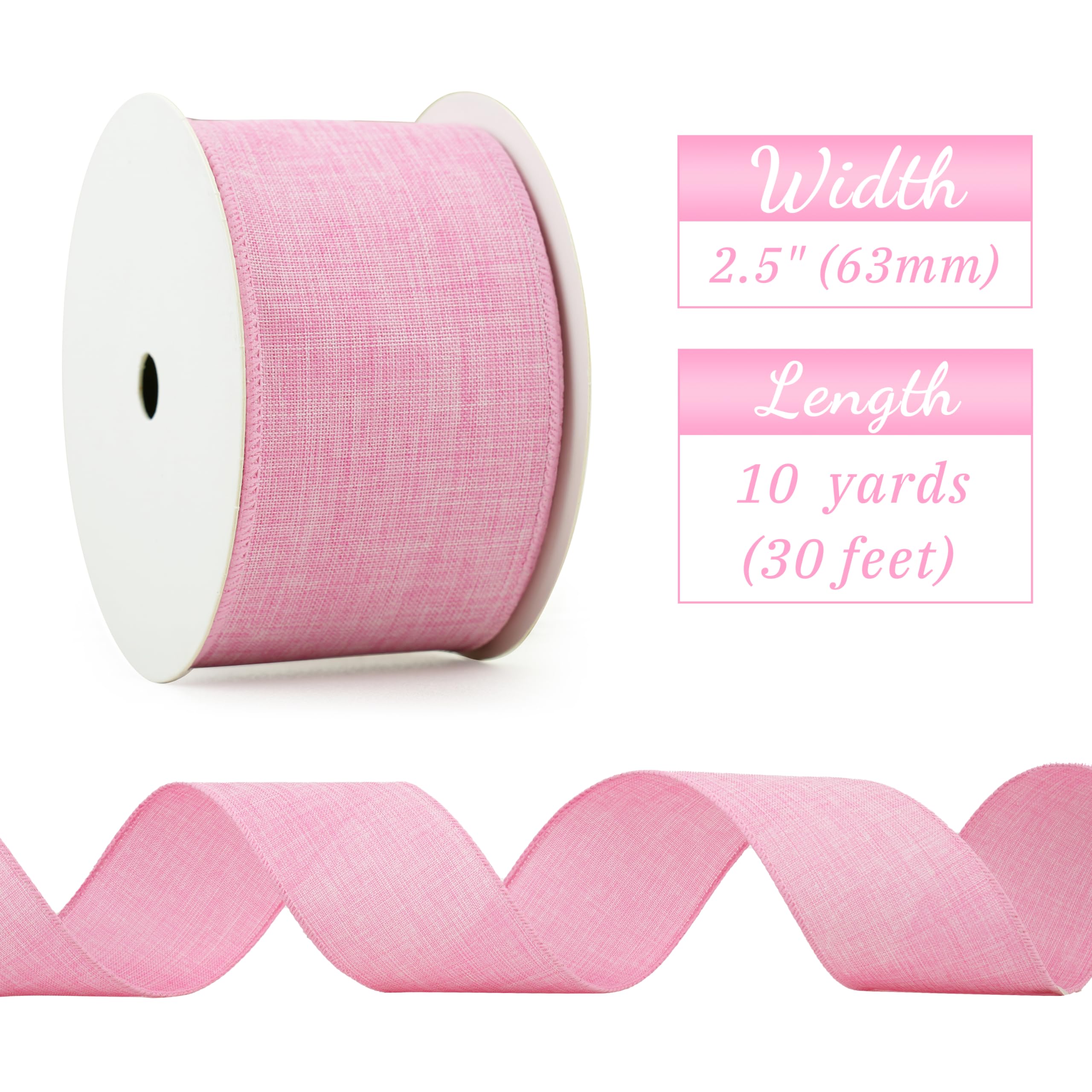 MAYREEL Pink Burlap Wired Ribbon 2.5 Inch Light Pink Ribbon for Valentine's Day Florist Door Wreaths Rustic Wedding Christmas Farmhouse Crafts Spring Summer Home Decor 10 Yards