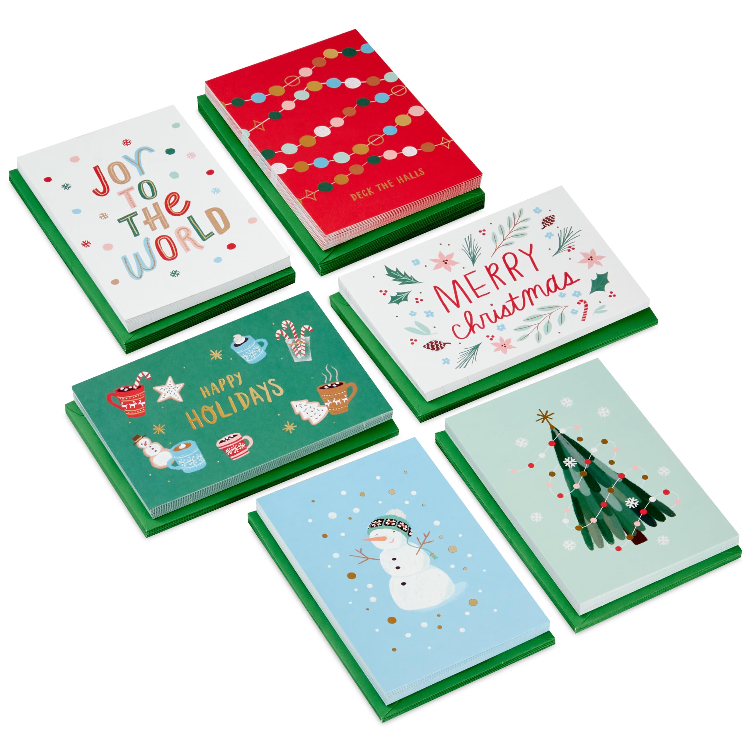 Hallmark Assortiment de cartes de Noël en vrac, icônes ludiques (72 cartes et 72 enveloppes) Joy to the World, Deck the Halls, bonhomme de neige, cacao, pommes de pin, arbre