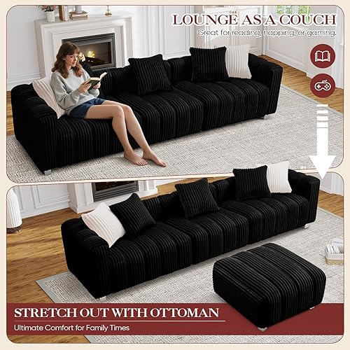 Miniatura 7 de Sofá de nube de gran tamaño con marco de madera, moderno sofá de dos plazas de pana de felpa de mediados de siglo con almohadas para asiento