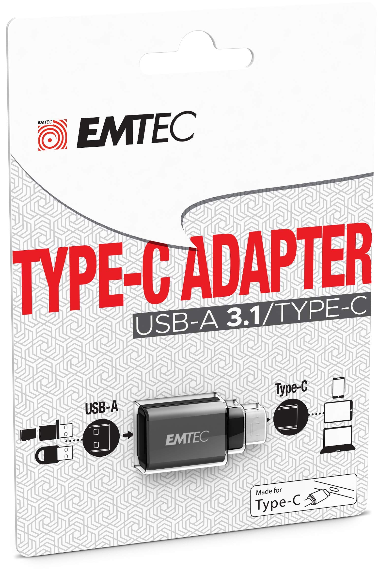 EMTEC, ECADAPT600C, Adaptateur USB 31 vers Type-​C, compatible PC, smartphone et tablette, transfert rapide de données, design en métal, plug-​and-​play, taille : 3/​1, Couleur : argent