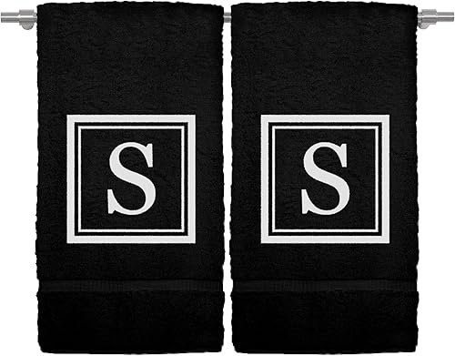 Juego de 2 toallas de mano con monograma, 16 x 30 pulgadas, regalo personalizado, letra blanca bordada con diseño cuadrado sobre toalla negra, extra