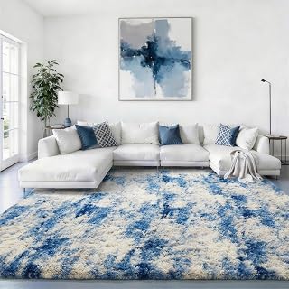 Ophanie 8x10 Blue and Gray Area Rugs for Living Room, Large Navy Grey White Fluffy Shag Fuzzy Plush Soft Carpets, Floor Shaggy Rugs for Bedroom, Carpet for Kids Boys Dorm Nursery Home Decor Aesthetic