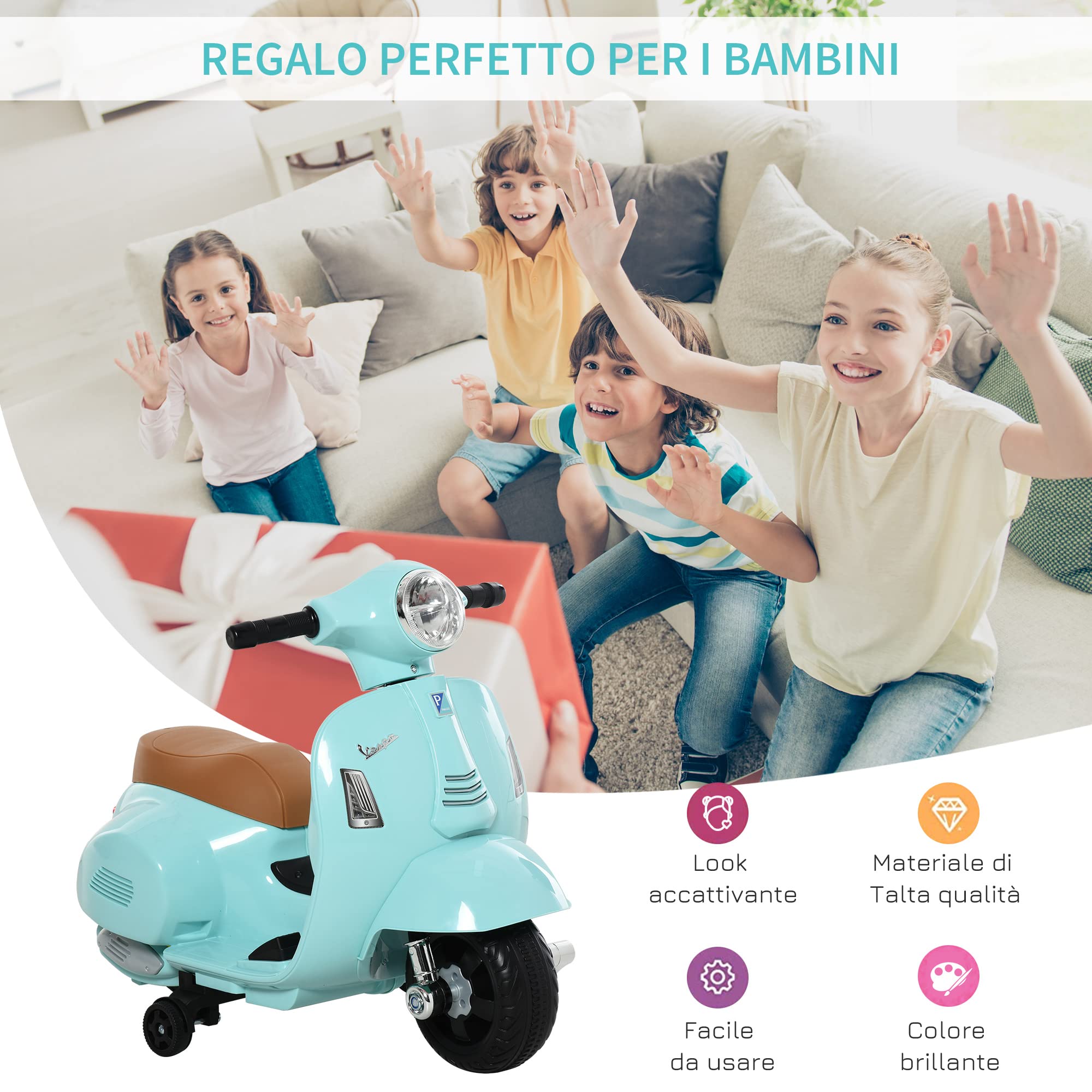 HOMCOM Moto Elettrica per Bambini 6V con Licenza Ufficiale Vespa Batteria, Motorino Elettrico per Bambini da 18-36 Mesi con Fari e Clacson, 66.5x38x52cm, Verde