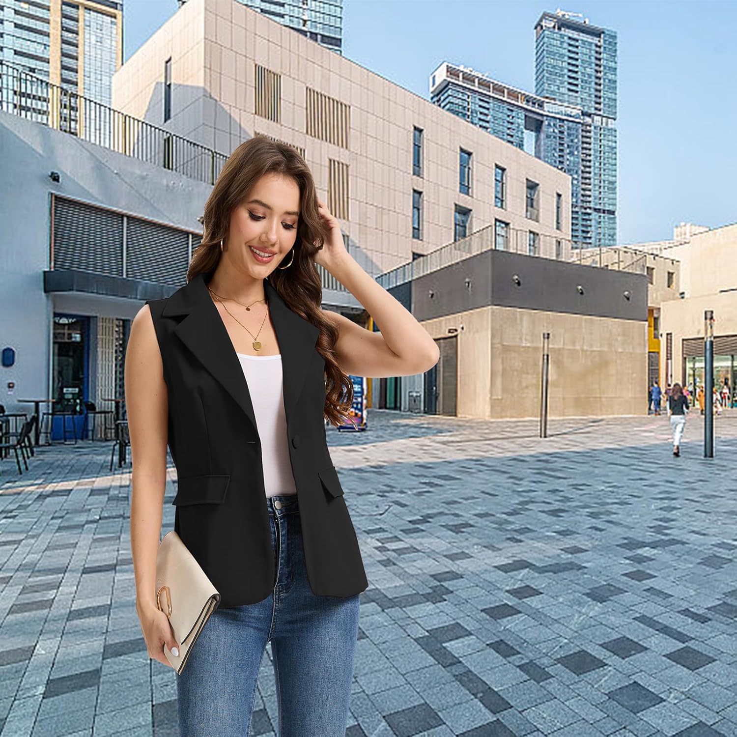 Women's Sleeveless Blazer Vest Lightweight Fully Lined Single Button Fashion Casual Work Office Jacket with Pockets - Image 5
