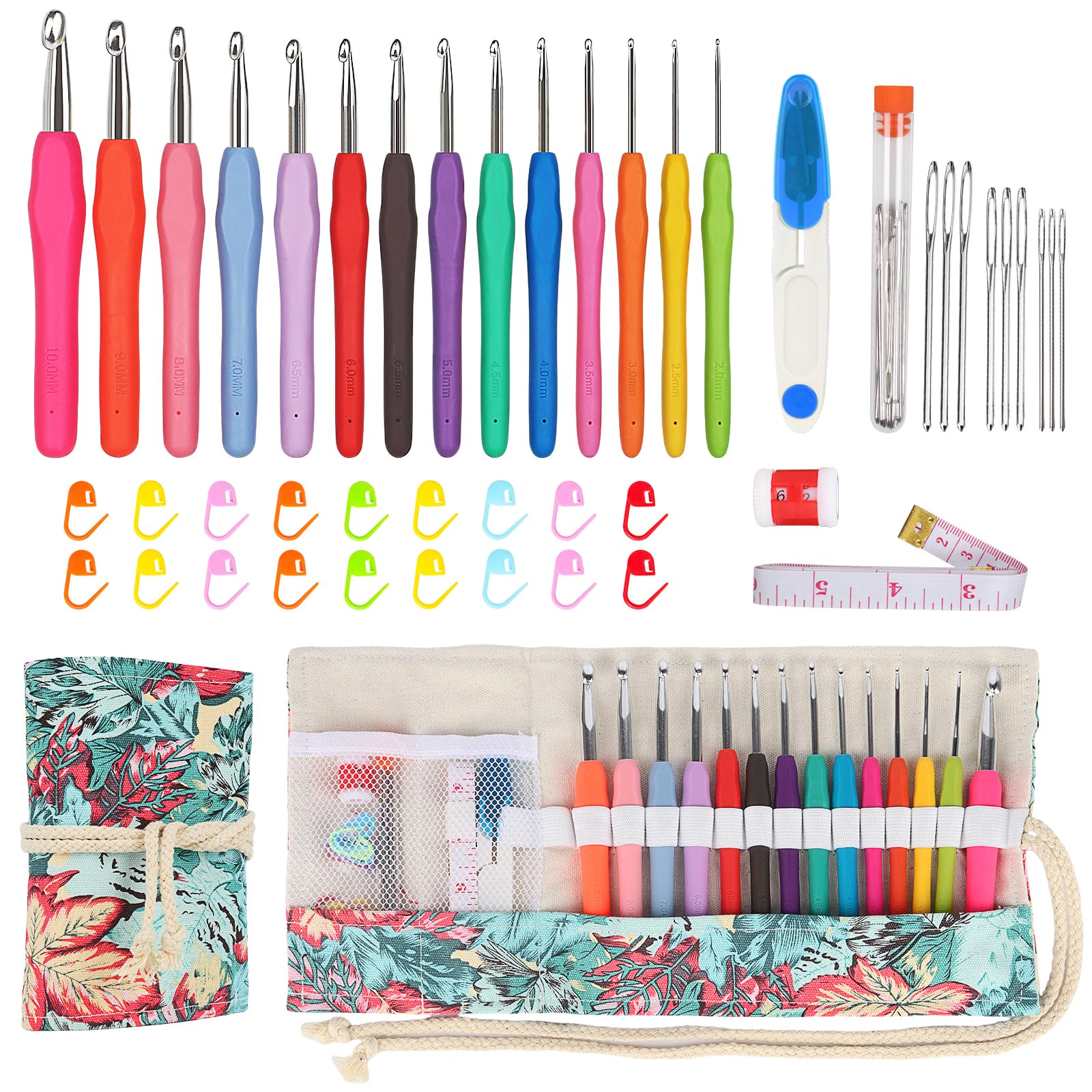 Coopay Kit de Crochet avec Sacoche - 14 Pièces 2,0-10 mm Aiguilles Ergonomiques pour Mains Arthritiques, Poignée Souple - Kit Débutants avec Accessoires