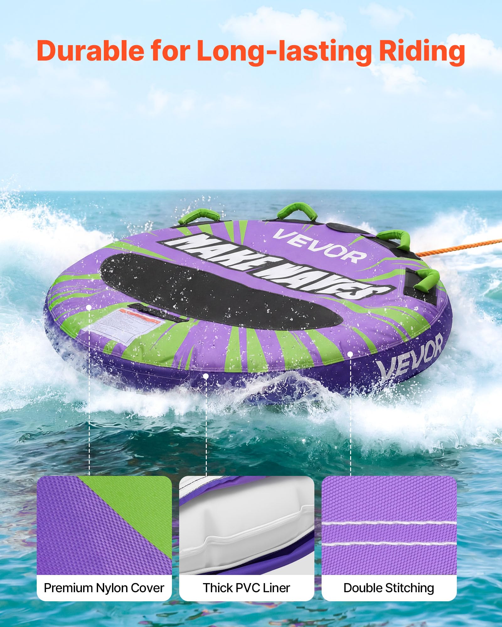 VEVOR Tubo Gonfiabile Trainabile per Barche, Copertura Resistente in Nylon, Gonfiabile per Sport Acquatici, Utilizzo Mare Lago Piscina, Unisex Adulto, Verde Viola