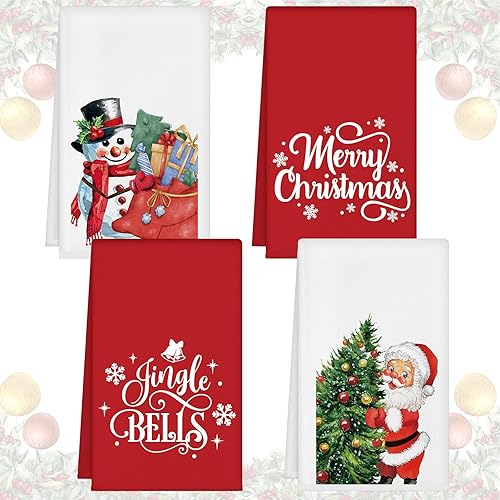 Kinlop 4 toallas de cocina de Papá Noel de Navidad, toallas de mano para árbol de Navidad, paños de cocina absorbentes rojos, muñeco de nieve, árbol