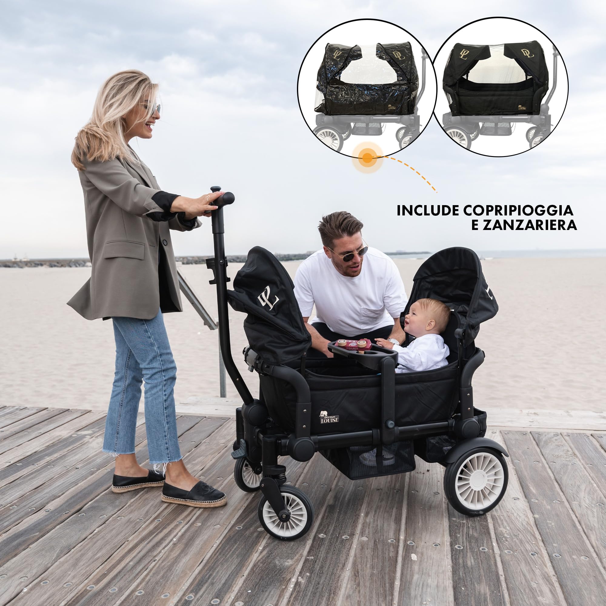 Deryan Luxe Sandy carretto a mano - Duo buggy - tandem buggy - pieghevole - carretto pieghevole - carrozzina duo - Nero