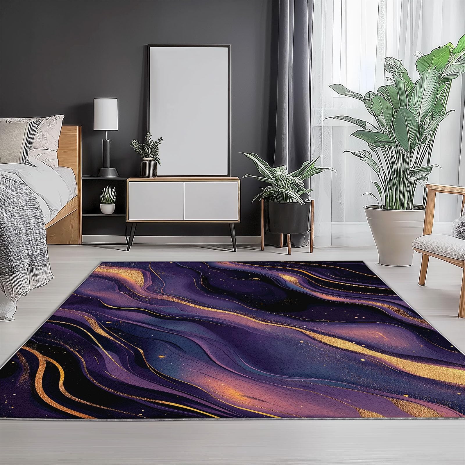 Lavabile in Lavatrice Tappeto per Soggiorno Camera da Letto Ufficio Decorazione 120 x 180 cm, Arte Digitale Texture Marmo Vortici Tema Flanella Tappeti con Supporto Antiscivolo, Viola