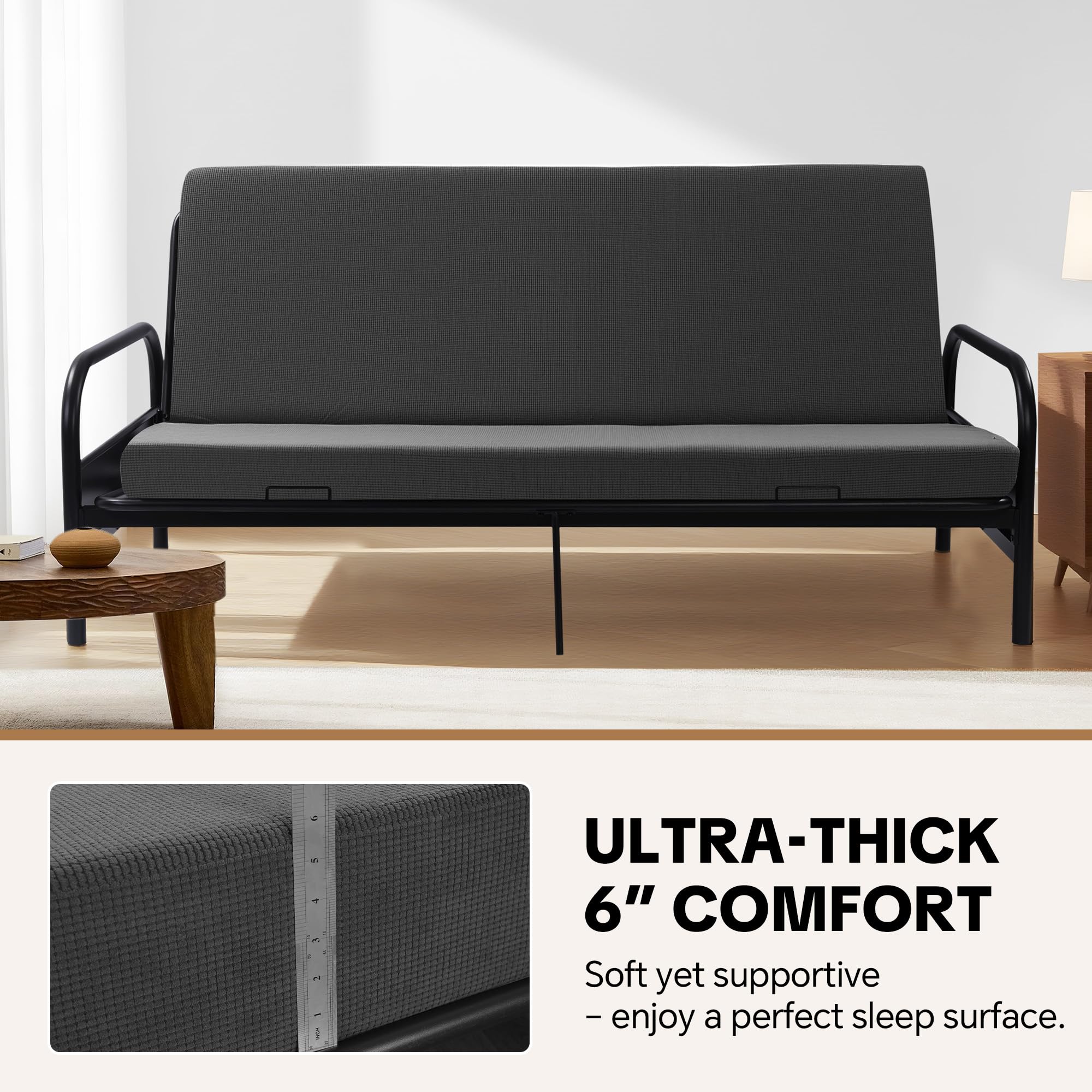 MABOZOO 6 Inch Full Size Futon Mattress, Foldable Futons Sofa Couch Bed Foam Floor Mattress Fits Futon Frames (Frame Not Included, Gray)