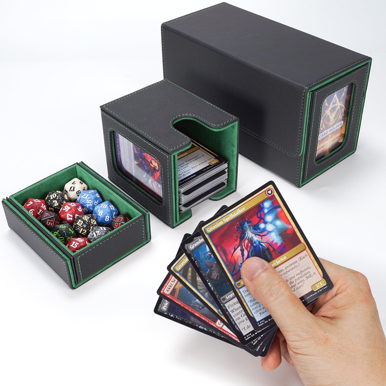 AFIING MTG Commander Kartenbox, 3-in-1 Karten-Aufbewahrungsbox für 200+ doppelt gesleevte Karten, Magnetische Deckbox mit Commander-Fenster, Würfelbox & 4 Trennwänden, für Magic TCG CCG Schwarzgrün