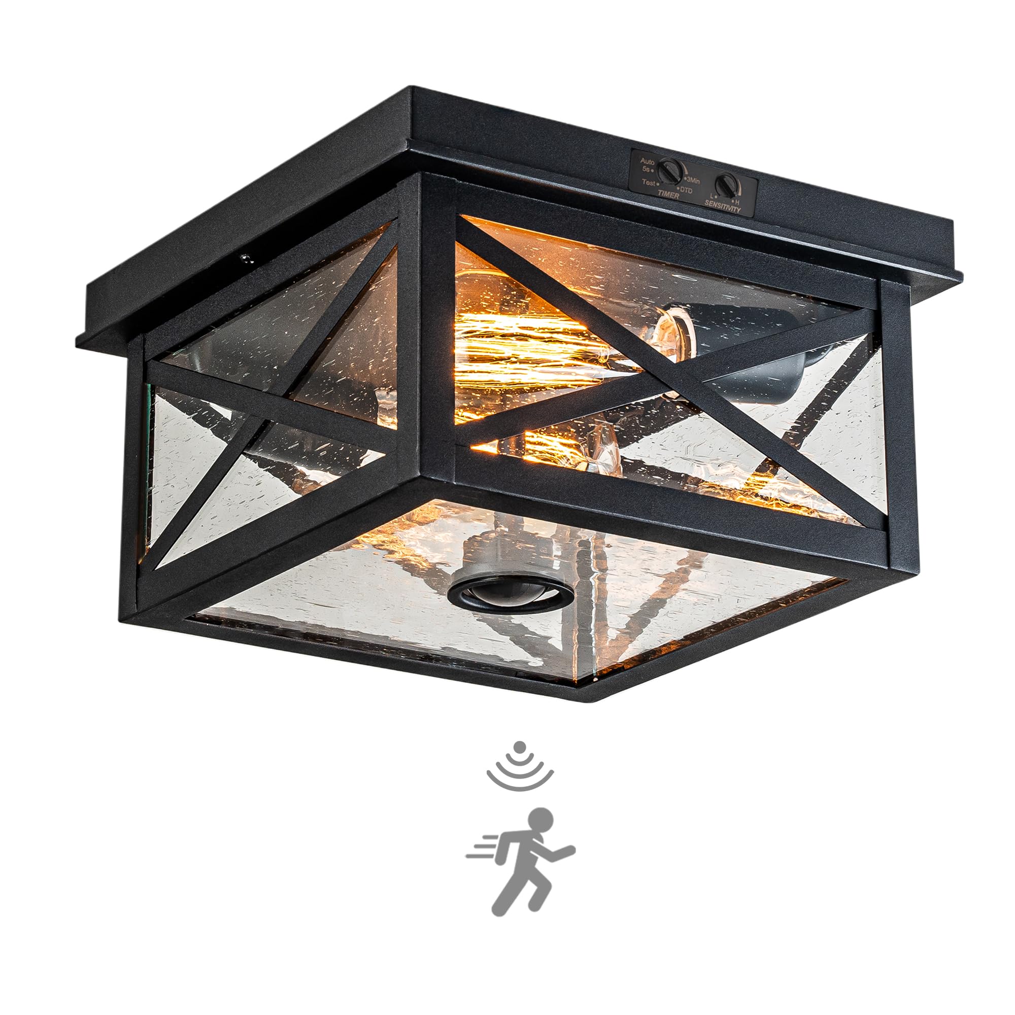 FTL Plafoniera Esterno con Sensore di Movimento, Portico Lampada da Soffitto Sensore Crepuscolare con Vetro a Bolle, E27 Nero Esterno Luce Sensore Movimento a 2 Luci per Garage Giardino, Impermeabile
