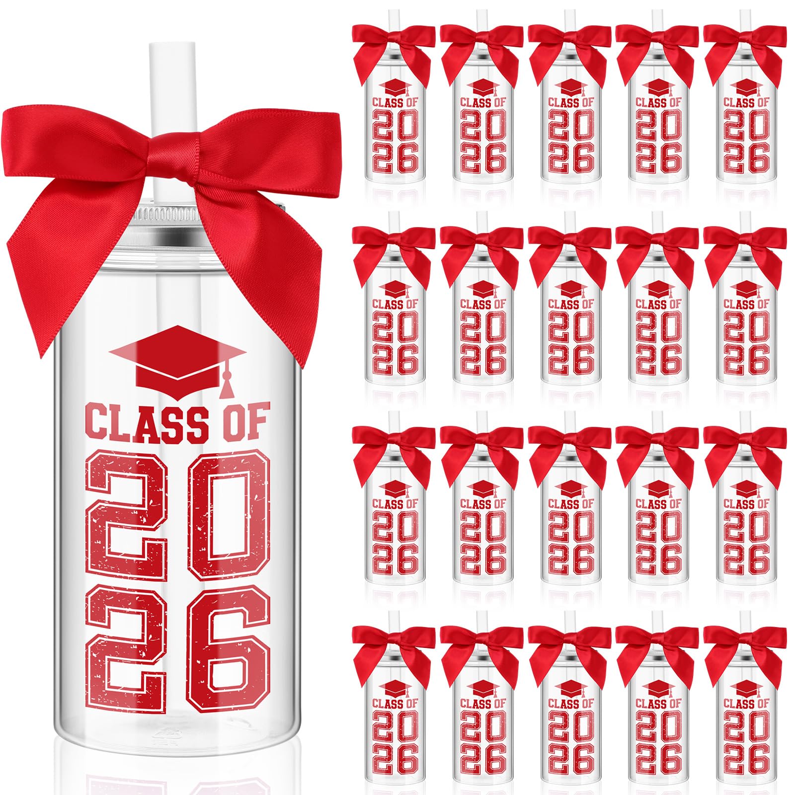 Skylety Lot de 24 gobelets en plastique avec couvercle et paille – Avec couvercle et paille – Cadeau de remise de diplôme de 2025 avec nœud décoratif – Bouteille d'eau réutilisable pour décoration de
