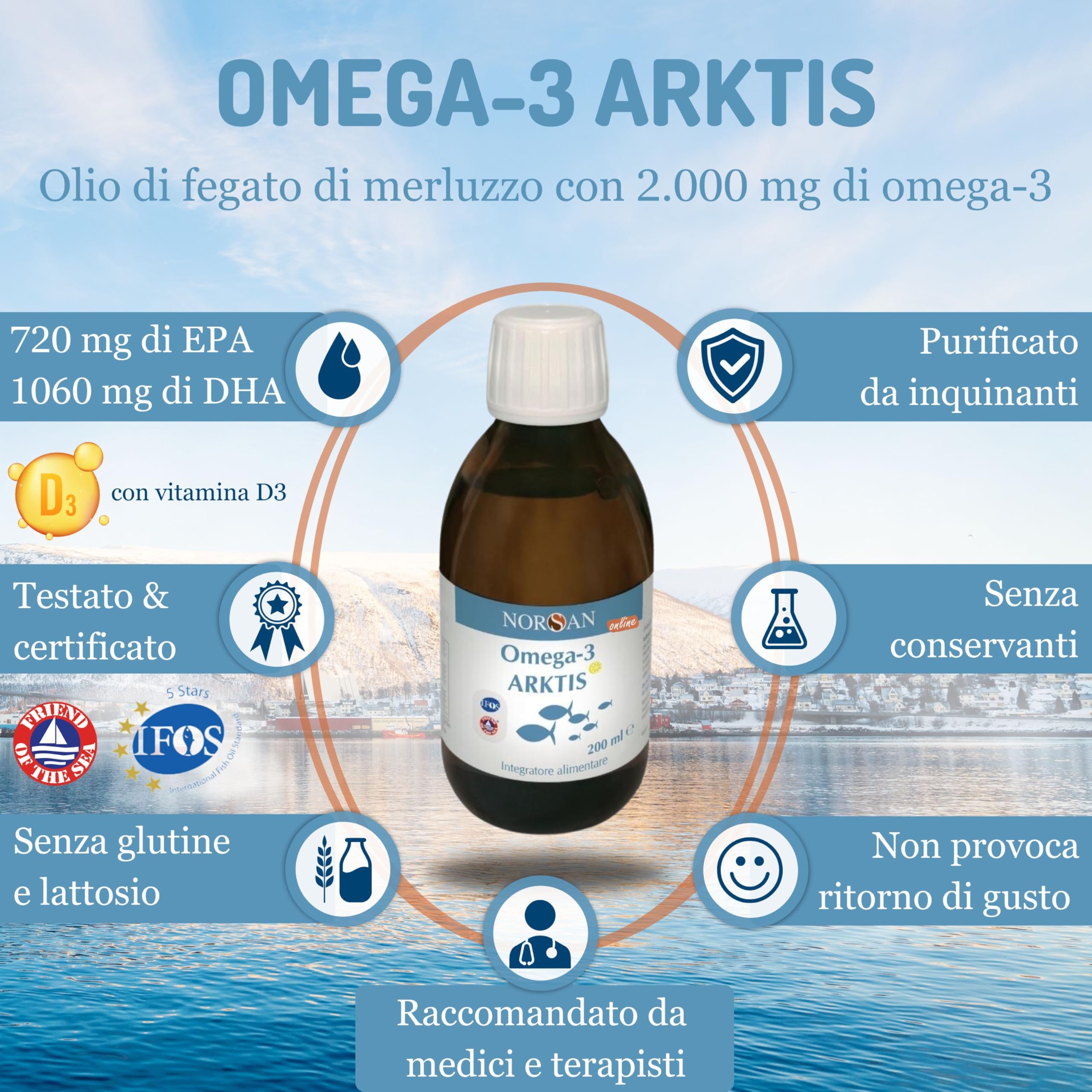 NORSAN Arktis Omega 3 2000mg I Olio di fegato di merluzzo liquido senza reflusso – 1x200 ml Omega 3 EPA DHA I Integratore omega 3 olio di pesce I Olio fegato merluzzo liquido con 800 UI di vitamina D3