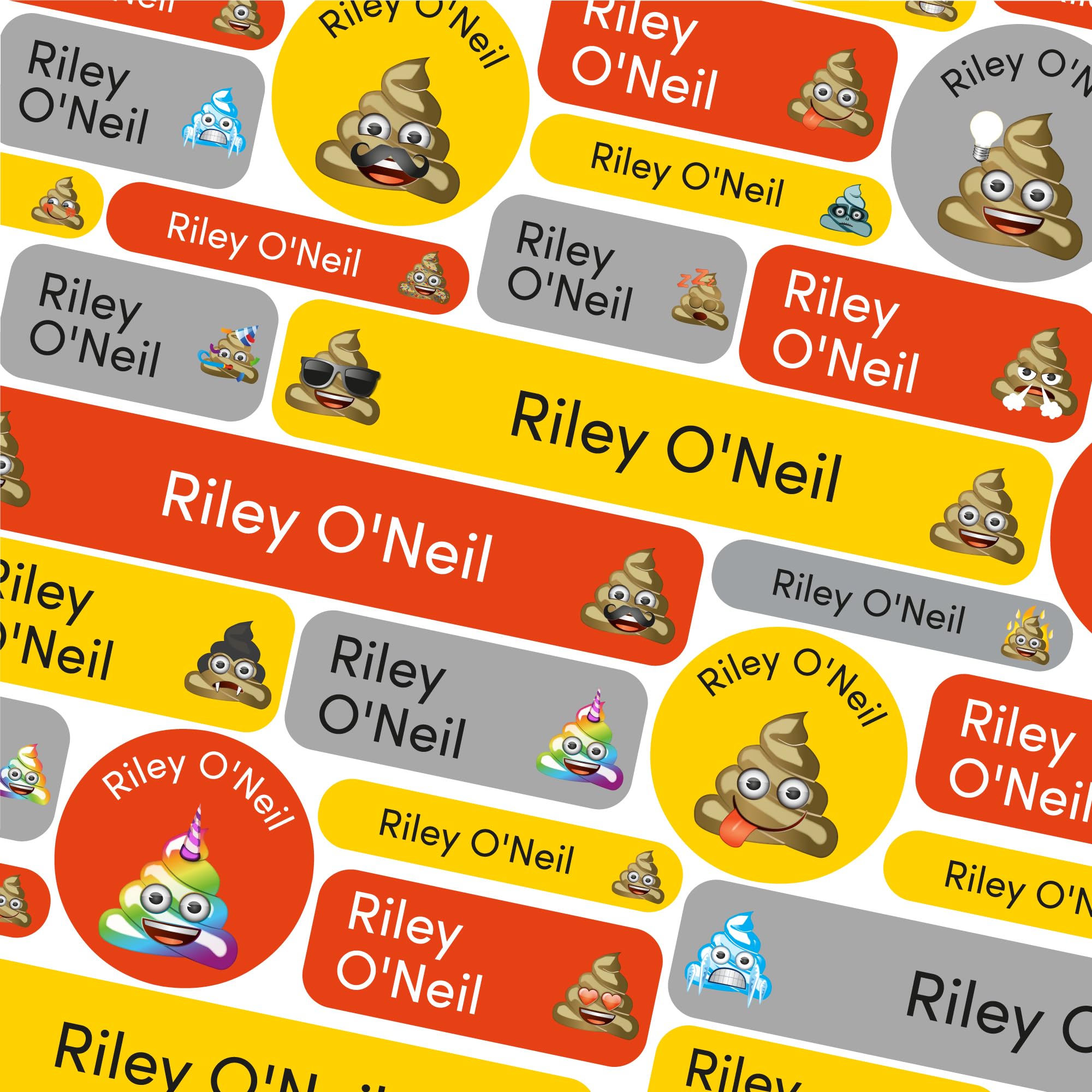 123 School Name Labels for Children No Iron Name Tags for Clothes Name Stickers for Water Bottles, Uniform, Secondary School, College, Care Homes, Washable and Dishwasher Safe (Emoji Poos)