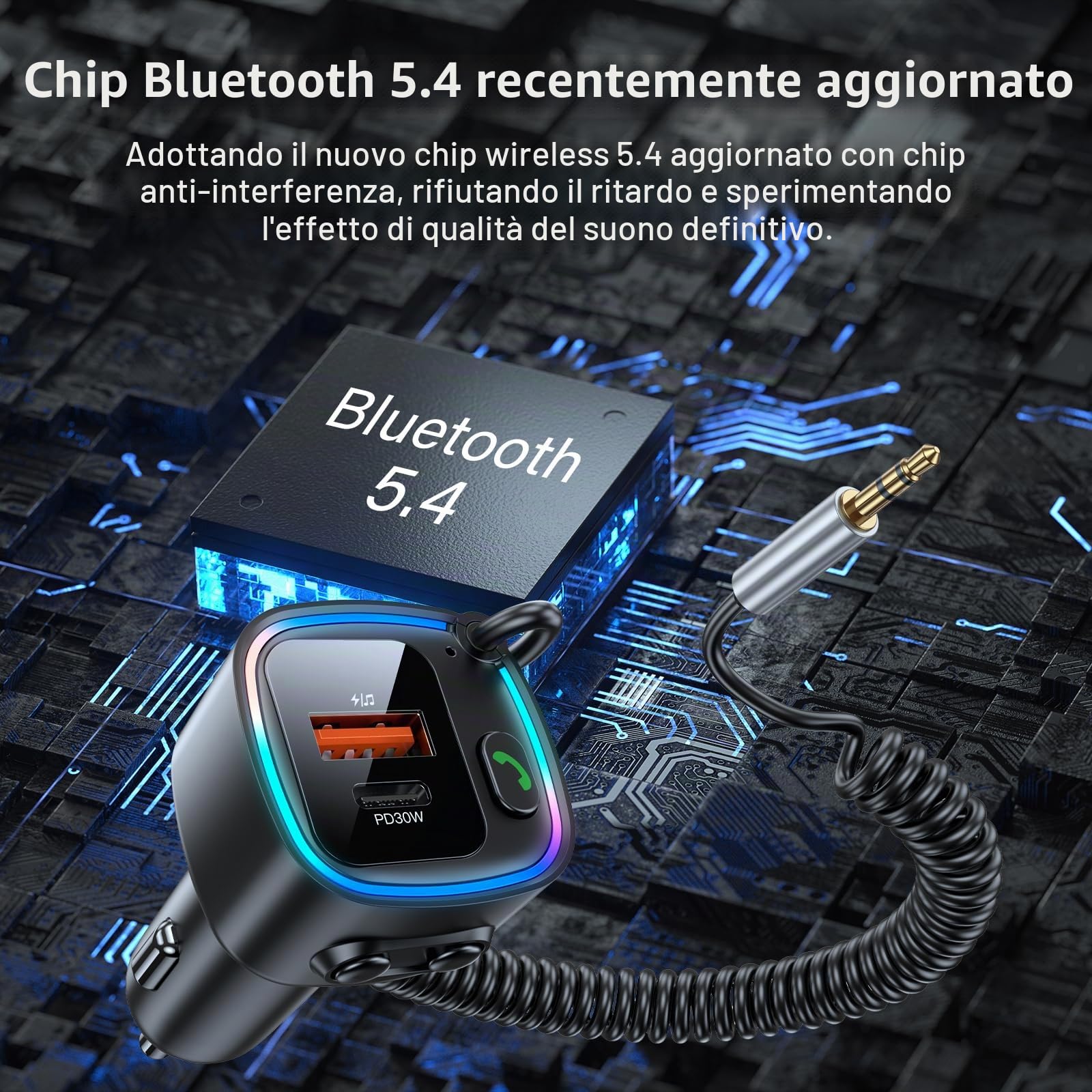 Aux Bluetooth 5.4 Auto Ricevitore Bluetooth per Auto con Jack AUX da 3,5 mm Ricarica Rapida 42W (PD 30W & QC 12W) Supporta Chiamate in Vivavoce Musica Hi-Fi RGB Compatibilità U-Luce