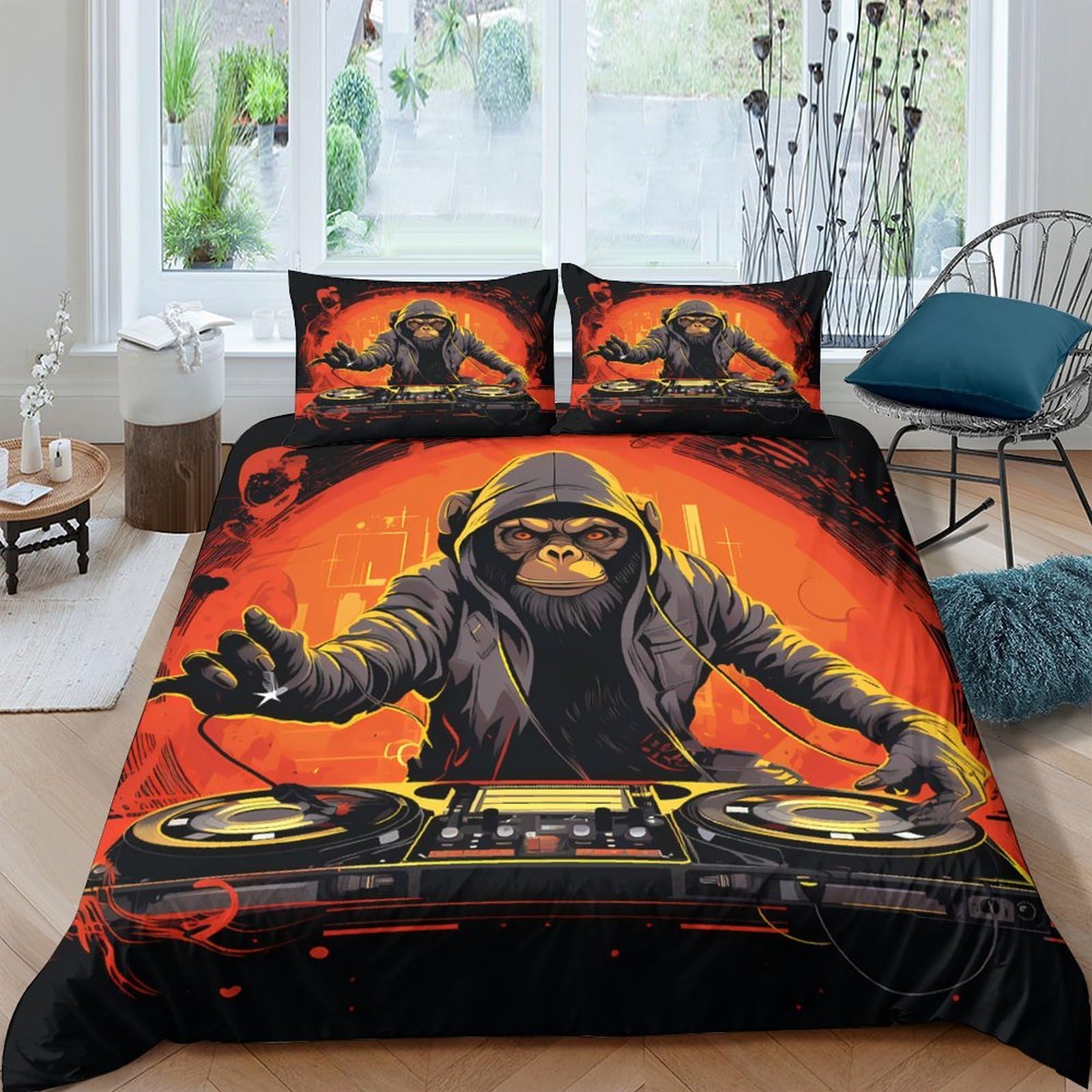 Ctjqhvkz Style-9 3D Printed Dj Monkey Fitted Sheet Microfiber Orange Graffiti Bed Cover For Bedroom Dorm Mattress Protection Decor Single（135X200cm）