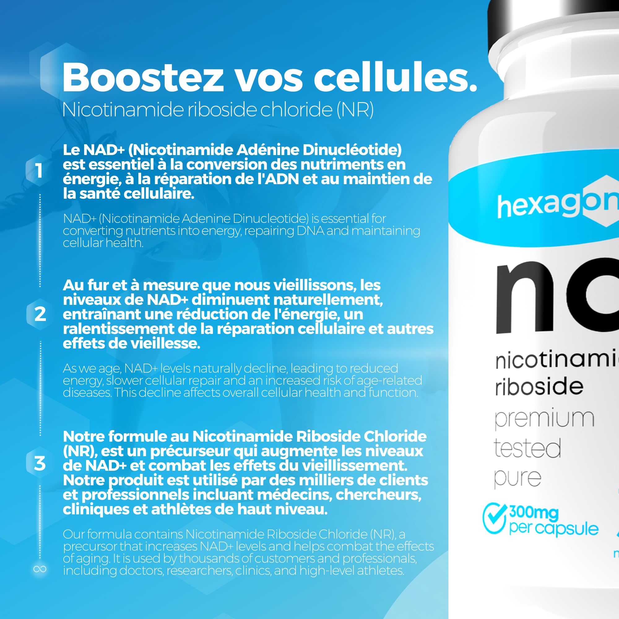 NAD+ Nicotinamide Riboside Chloride 300mg - +1 Mois de Cure - NAD Booster - Anti-Aging & Contre la Fatigue - Fabriqué et Testé en France - 30 Gélules Végétales - Vegan - Hexagon