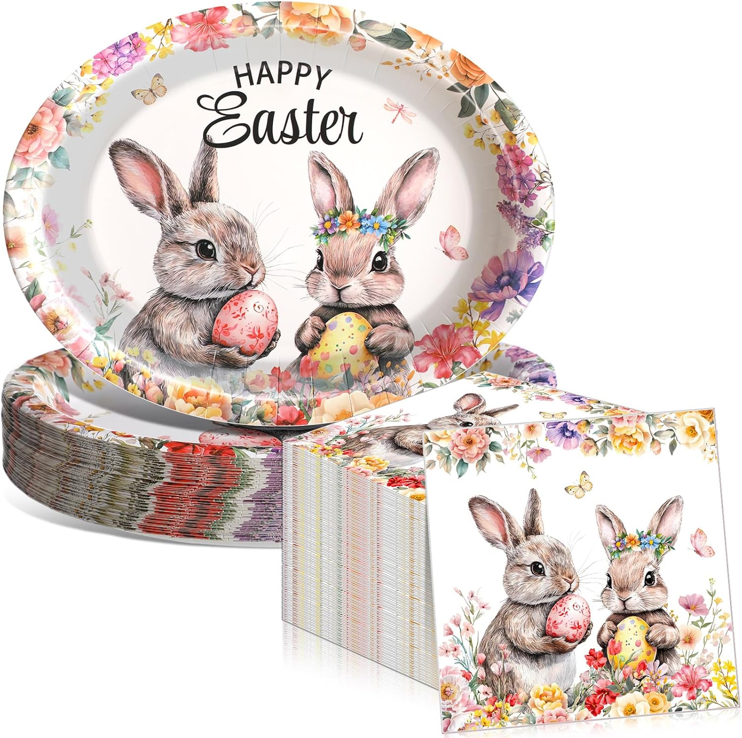 Mimorou 100 Pcs Happy Easter Oval Paper Plates and Napkins-serves 50, 11'' Large Disposable Bunny Platter Party Decorations Elegant Rabbits Flower Plates Dinnerware for Spring Easter Party Supplies