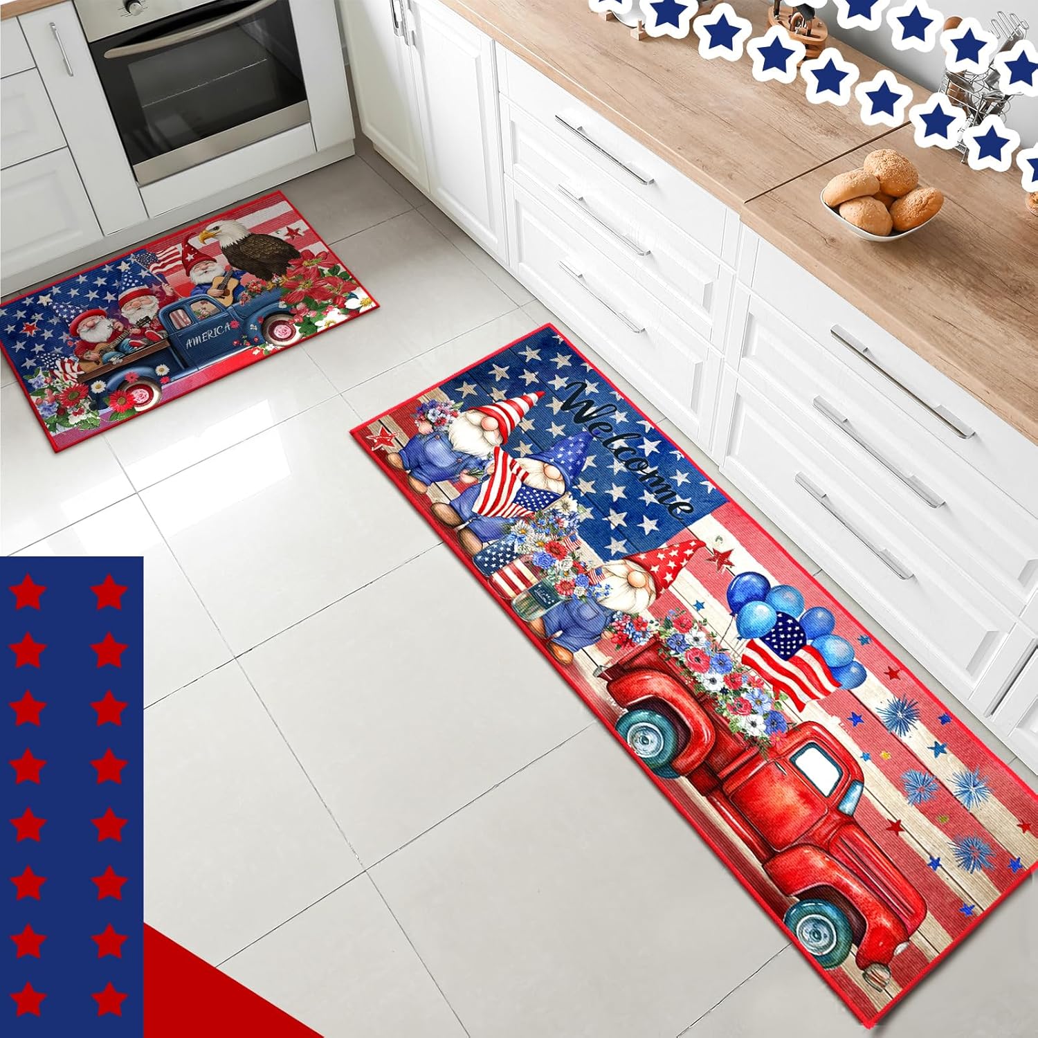 3 Pcs 4th of July Patriotic Kitchen Rugs and Mats Set Non Slip Memorial Day Star Floor Mats Red White Blue Americana Flag Gnome Rugs 250th Anniversary Independence Day Decor for Kitchen Home