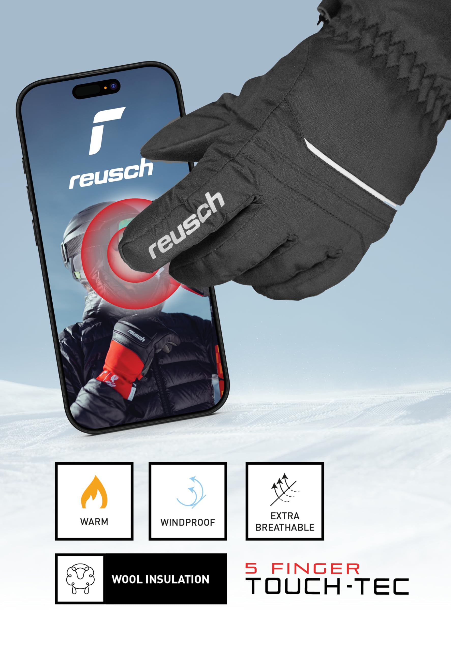 Reusch Winterhandschuhe All Finger Touch extra warme Winddichte atmungsaktive Unisex Skihandschuhe touchscreenkompatibel