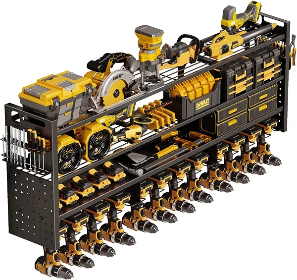 STURDIFLOW 49'' W Power Tool Organizer Wall Mount | Large 620lbs Garage Storage Rack with 12 Cordless Drill Holder | 4-Tier Heavy Duty Metal Utility Shelf for Workshop Organization