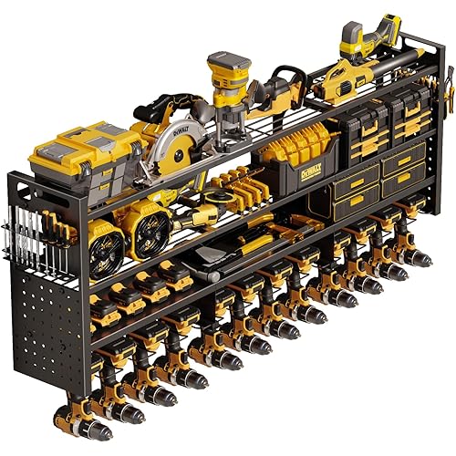 49'' W Power Tool Organizer Wall Mount | Large 620lbs Garage Storage Rack with 12 Cordless Drill Holder | 4-Tier Heavy Duty Metal Utility Shelf for Workshop Organization