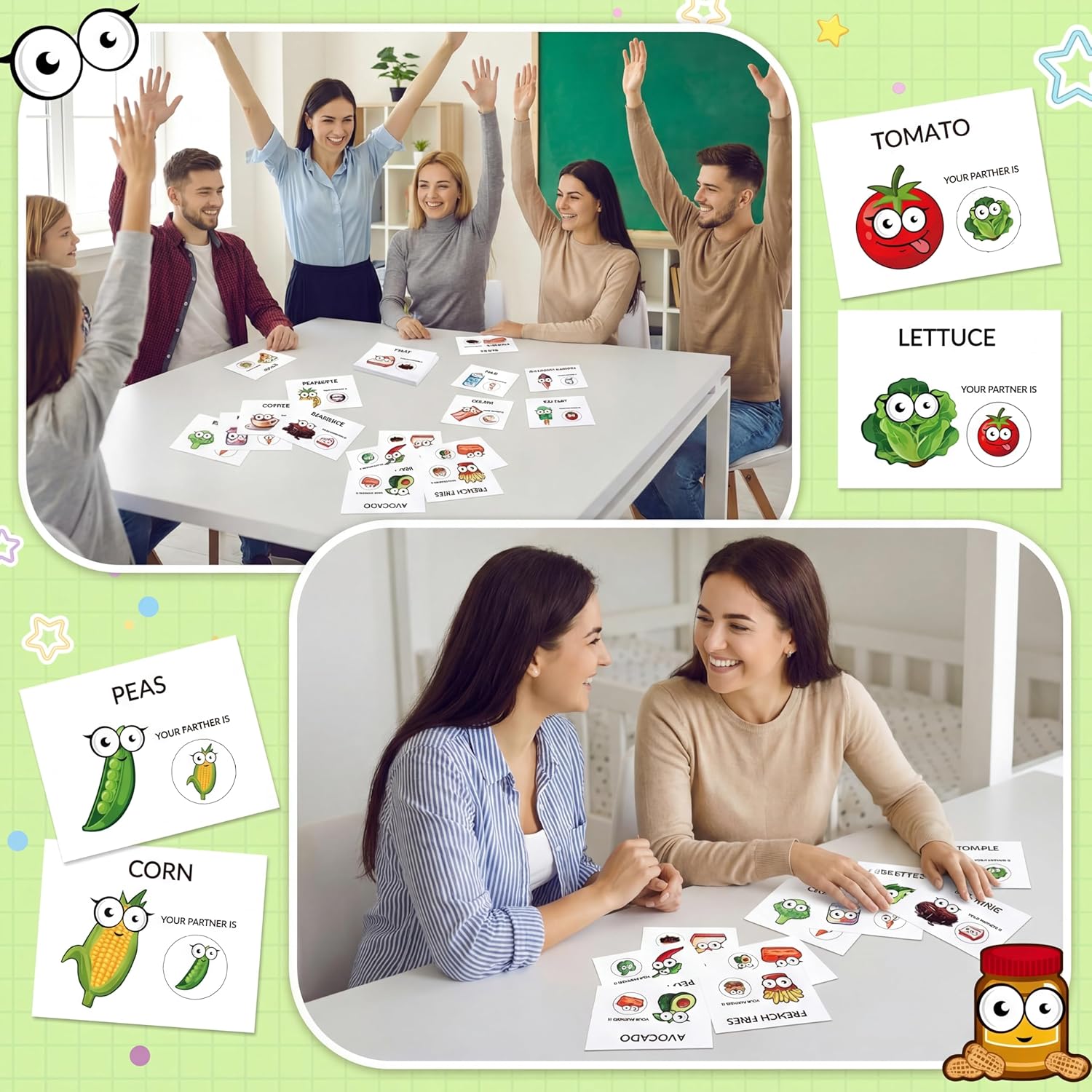 Marspark 60 Pcs Partner Pairing Cards 30 Pairs Food Matching Cartoon Matching Peanut Butter Jelly Partner Cards for Team Building Office Breaker Indoor Outdoor Activities Holiday Party Supplies
