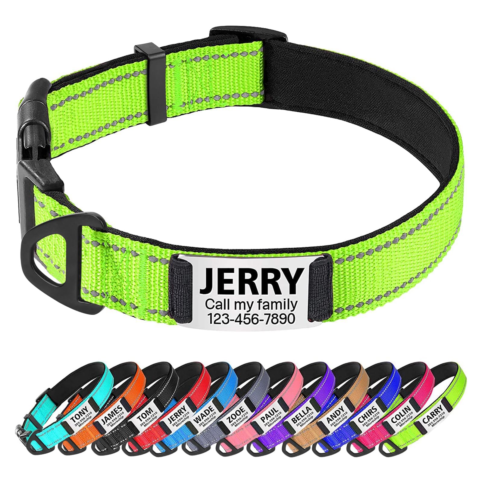 TagME Personalized Dog Collar with Name Plate, Custom Reflective Pet Collars with Engraved Slide on ID Tags for Large Dogs,Green