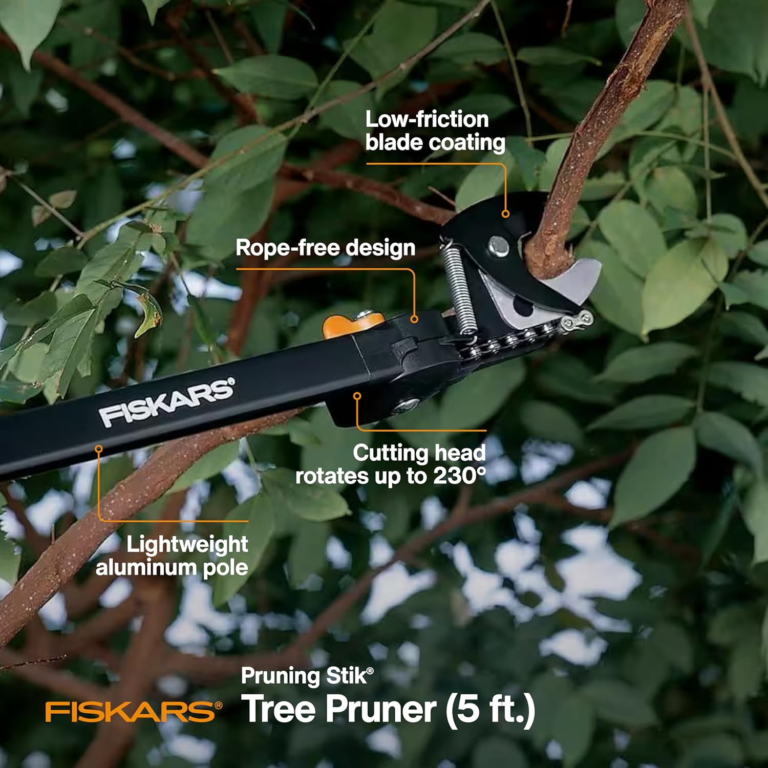 Fiskars 5ft Ropeless Tree Trimmer with Rotating Head, Long Handle Stik Pruner, Branch Cutter to Prune High Branches or Low Shrubs, Garden and Yard Tools